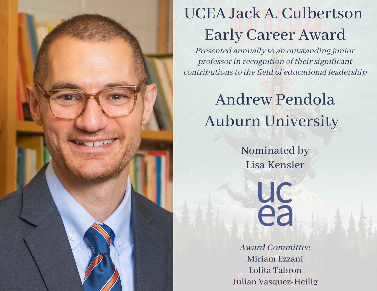 UCEA's tweet photo. We congratulate all the 2022 UCEA Award Winners and look forward to celebrating together in Seattle! Here's to @AndPendola our Culbertson Early Career awardee! #UCEA22 #LeadershipMatters @DrMoniByrne @UCEAJSN @UCEAGSC https://t.co/hZT7ngxTj1