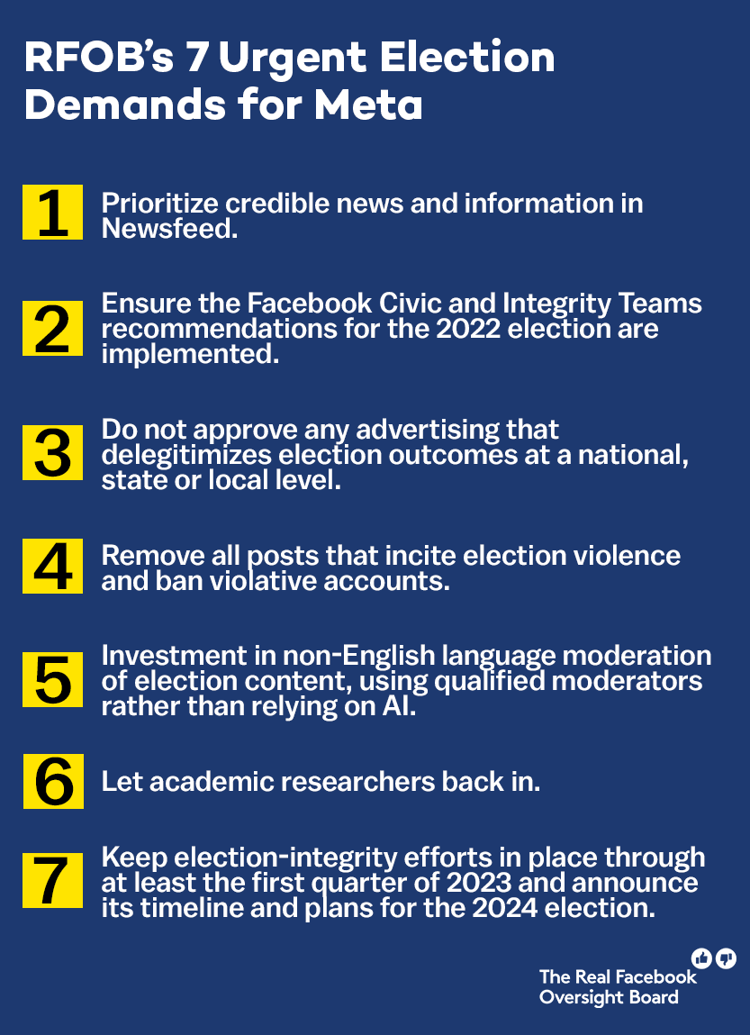 🚨NEW🔵: The Real Facebook Oversight Board is issuing 7 urgent demands of Facebook ahead of the 2022 U.S. Midterm elections.

Urgent action is needed by Meta to halt the flood of disinformation and extremist content.

Read more 🔗⤵️
rfob.medium.com/real-facebook-…