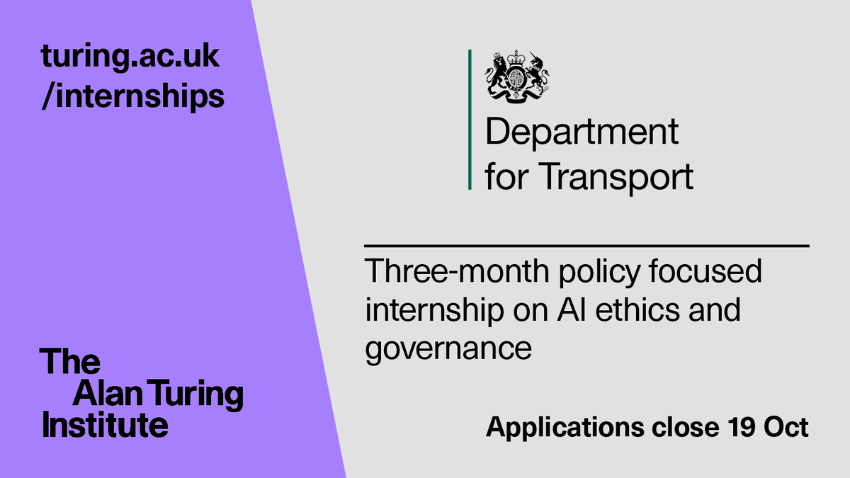 The Alan Turing Institute (@turinginst) on Twitter photo Are you passionate about supporting the responsible growth and adoption of AI in industry? The Department for Transport is looking for you!
Apply for an internship with <a href="/transportgovuk/">Department for Transport</a> via the #TuringInternshipNetwork. Find out more:
ow.ly/ZjwH50L8iFO Are you passionate about supporting the responsible growth and adoption of AI in industry? The Department for Transport is looking for you!
Apply for an internship with <a href="/transportgovuk/">Department for Transport</a> via the #TuringInternshipNetwork. Find out more:
ow.ly/ZjwH50L8iFO