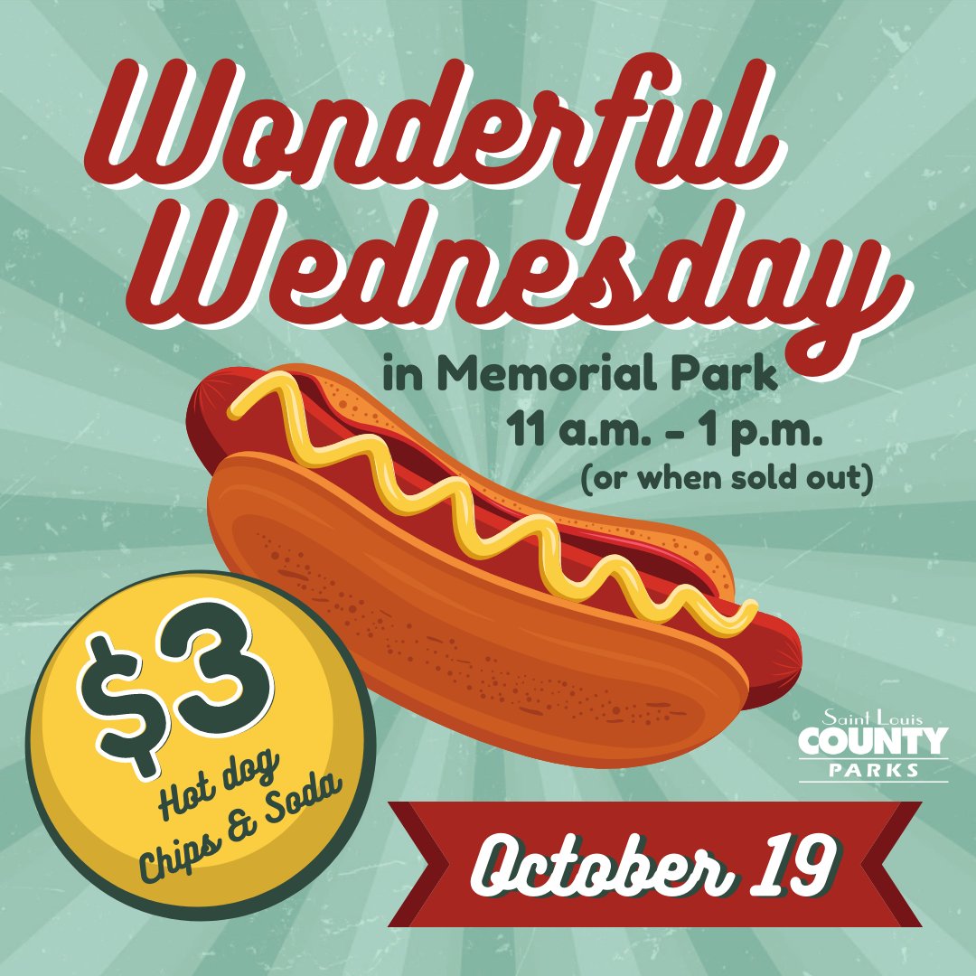 🌭 TOMORROW is our last Wonderful Wednesday of the season at Memorial Park. Come by for a great lunch deal of a hotdog, chips and soda for ONLY $3! Lunch will be served from 11 a.m.-1 p.m. (or when sold out). Thank you for joining us and we'll see you next year!