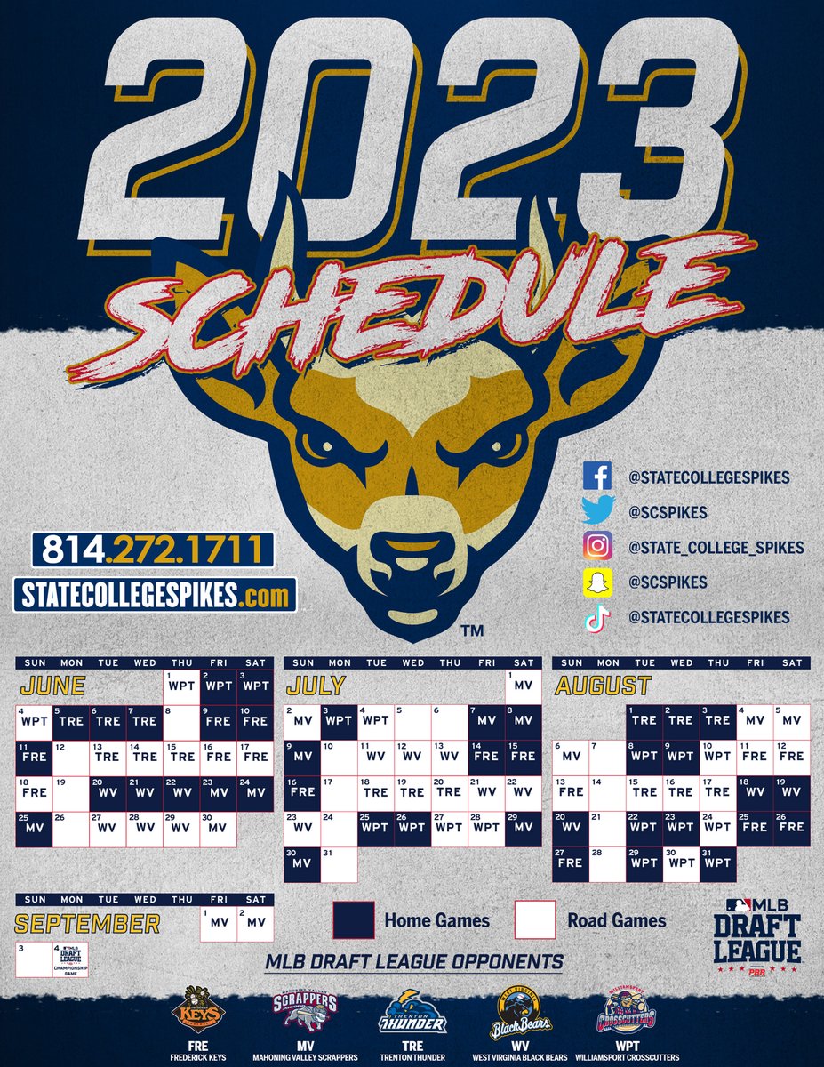SCSpikes's tweet photo. The 2023 Spikes schedule is out! 
Our 40-game @mlbdraftleague home slate starts on Friday, June 2 &amp; stretches through Thursday, August 31!
Plus, we've got 22 Friday/Saturday/Sunday home games this season!

Download the PDF: https://t.co/3B6HQjN7Tj
📰: https://t.co/Rw4dU0Ryt4 https://t.co/7dD7QpeX8K