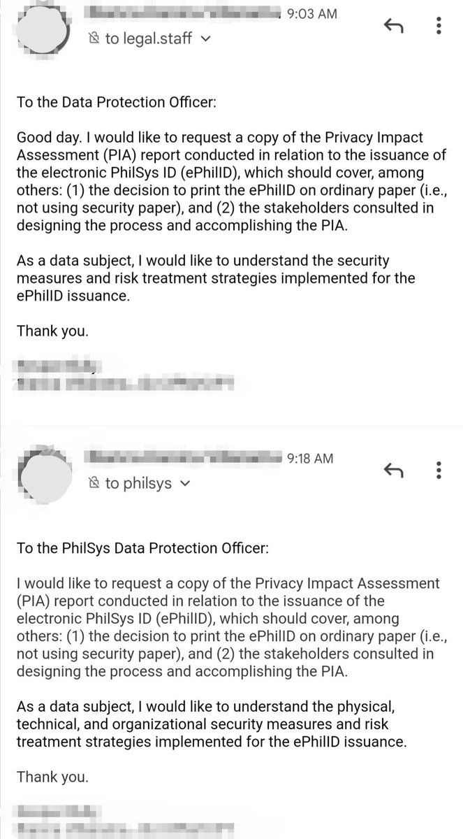 BantayData's tweet photo. 3/3
What controls were put in place when the #ePhilID process was designed? Did PSA conduct a PIA for the deviations from the Philippine ID System Act and IRR?
So, I asked. I went the DPO route. Might try the FOI route, too. Hope I'll get a response beyond an acknowledgement. 🤞🏼 https://t.co/nQHvIyffYt