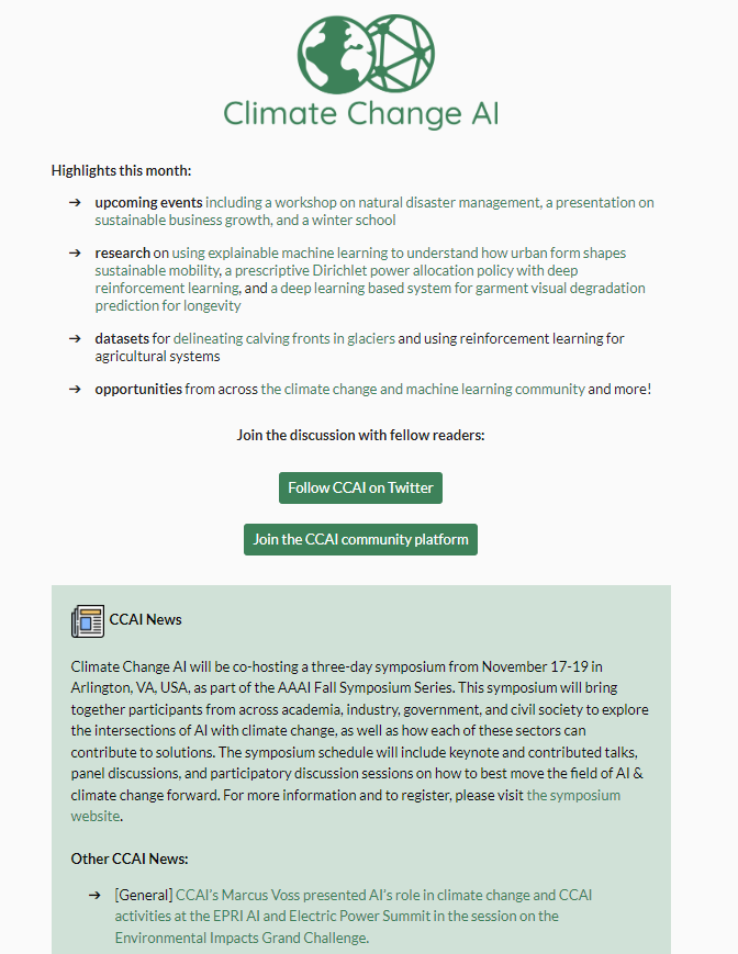 The October edition of the @ClimateChangeAI newsletter is out now! 📫 Learn more about jobs, events and the latest from our community. You can sign up for our newsletter and access previous editions here: climatechange.ai/newsletter