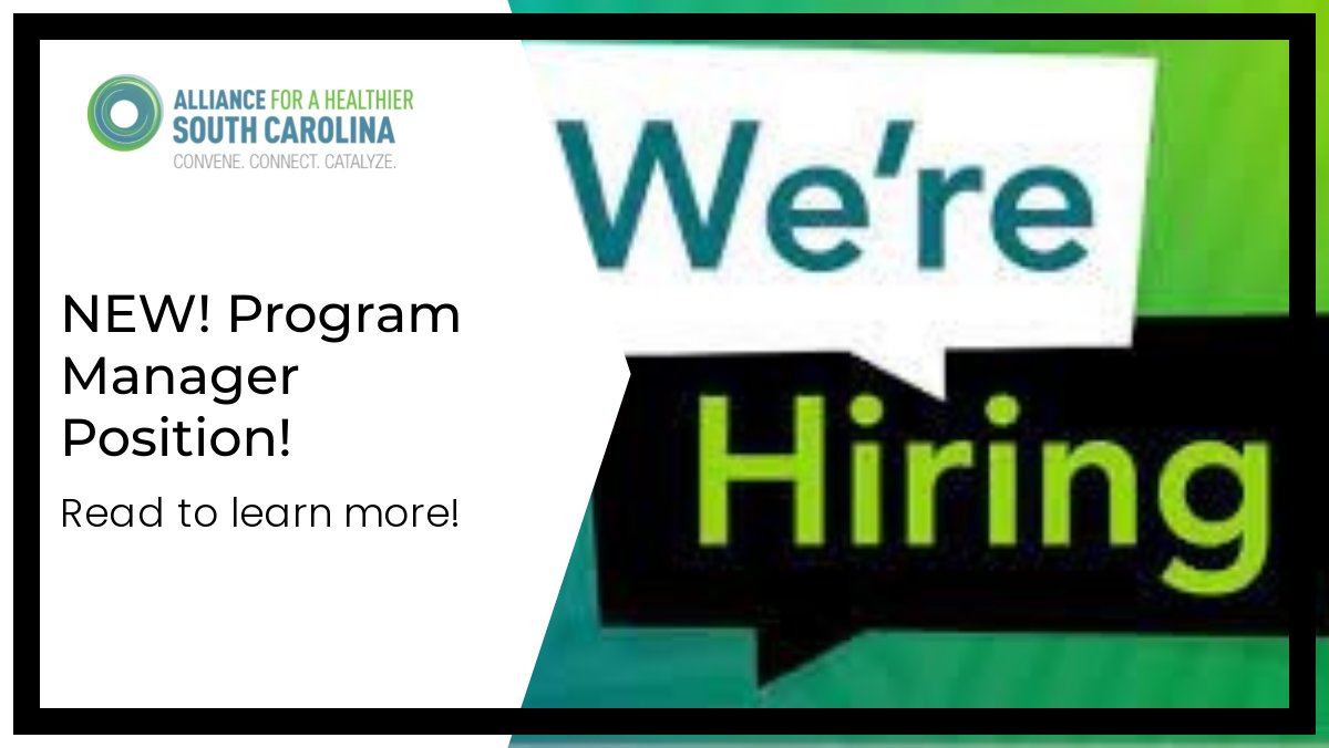 The Alliance for a Healthier South Carolina is hiring for a new Program Manager. All qualified candidates should send in their resume &amp; cover Letter to Monty Robertson (MRobertson@scha.org)!

 See website for more information!  - mailchi.mp/scha.org/the-a…