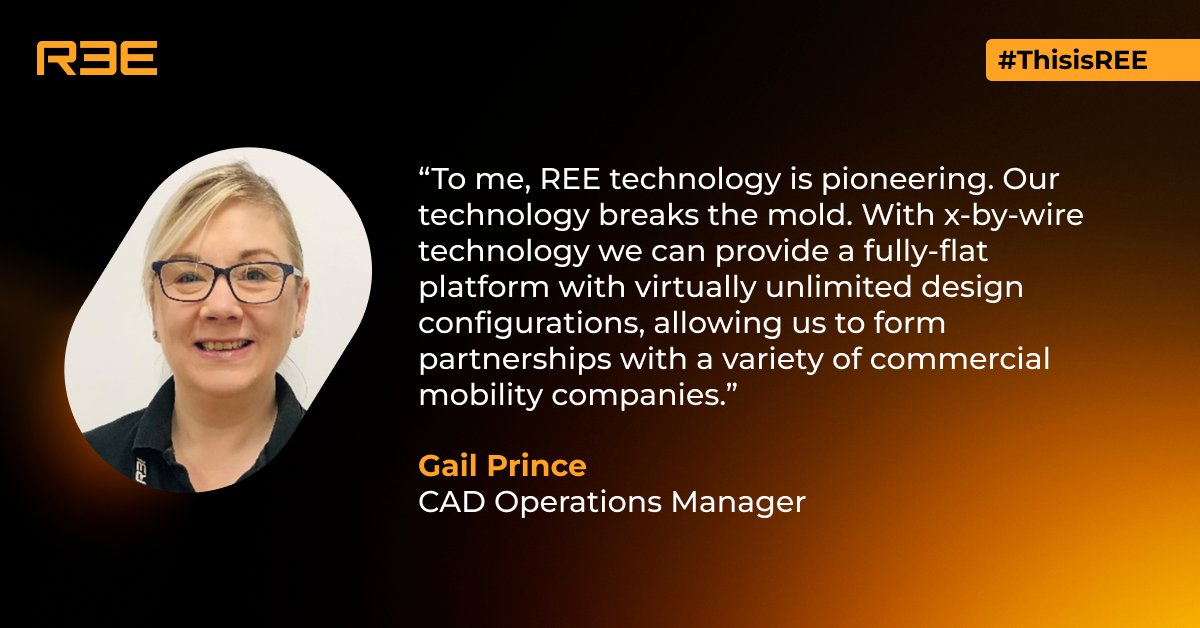 ReeAutoOfficial's tweet photo. Gail leads the Mechanical Design teams responsible for designing and delivering the platform, chassis structures, and suspension. #ThisisREE https://t.co/PYaytaWg8v