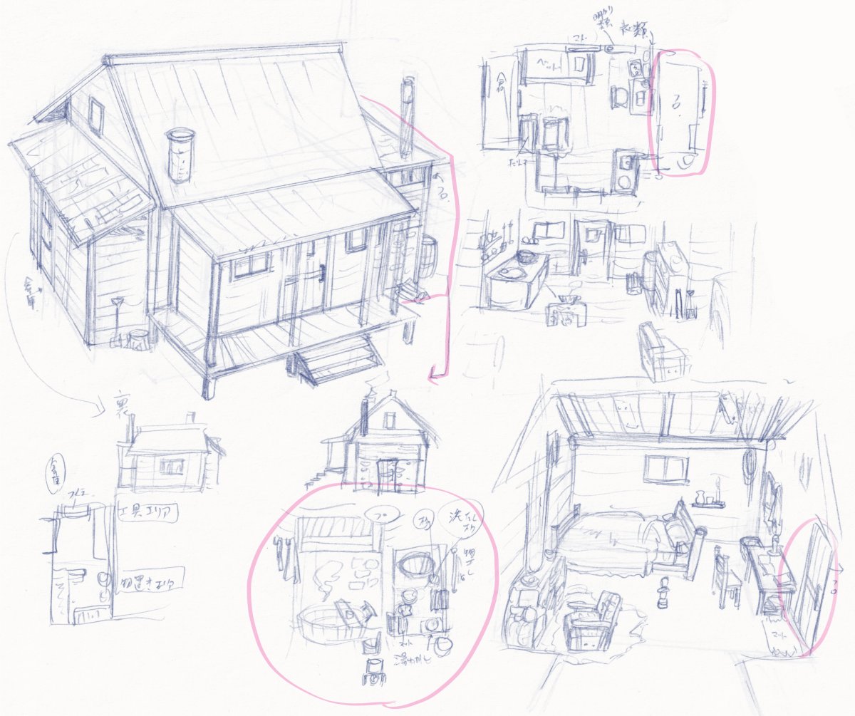 これはハティのお家設定画
舞台がほぼ山小屋なので なるべく細かく作ったんだけど、お風呂シーン一切出てこなかったな…
漫画内では体拭いているとしか言ってなかったけど、一応数日に一度 午前中(午後だとチェイス凍タヒの危険があるので)に入ってはいた…というどうでもいいネタ 