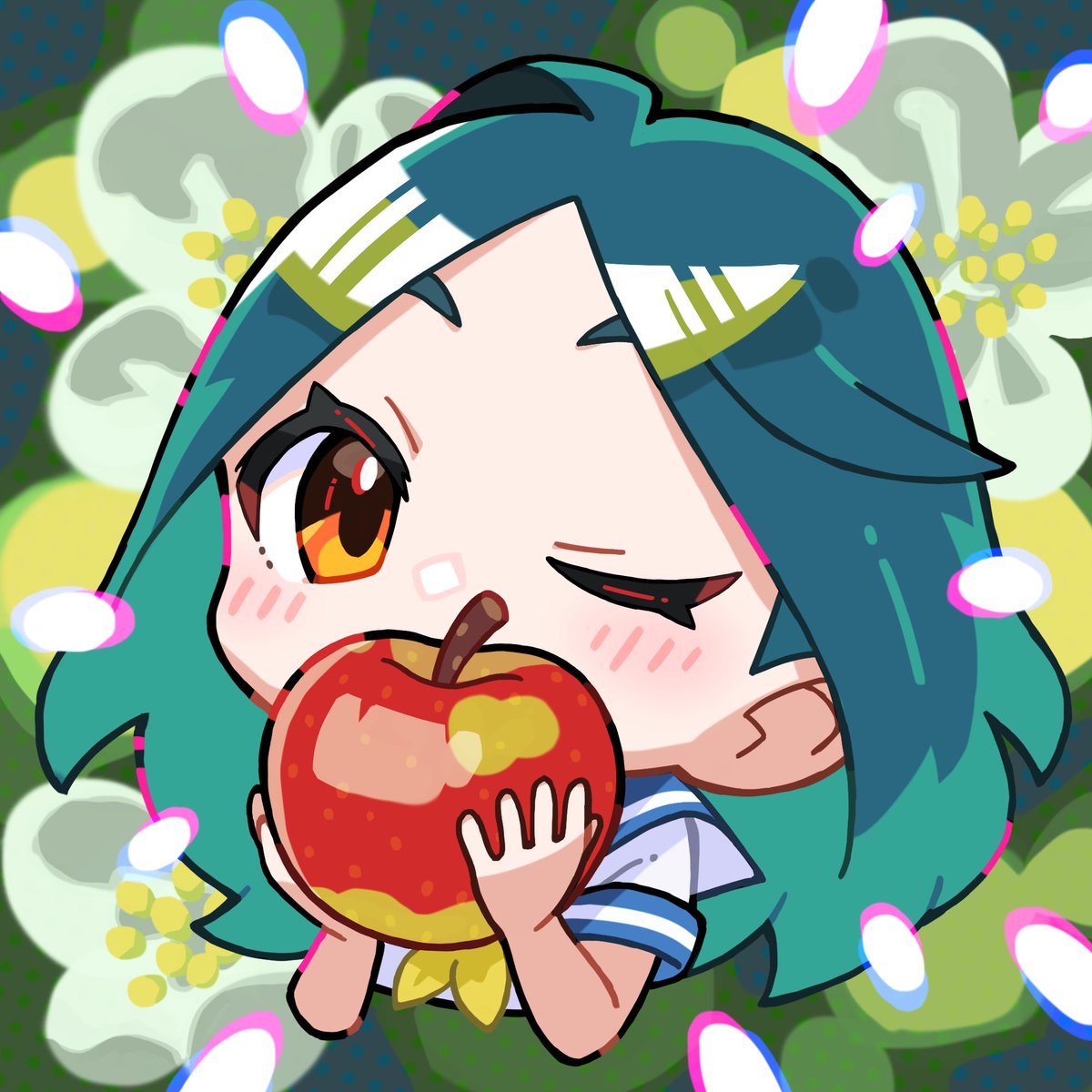 1girl food fruit solo apple one eye closed chibi  illustration images