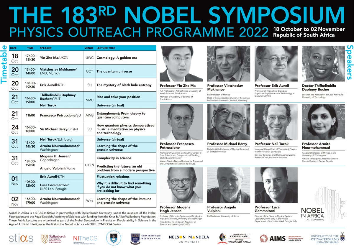 NRF_News's tweet image. Don't miss out on the #NobelInAfrica lecture series. These lectures are part of the #NobelSymposium in #Physics on Predictability in Science in the Age of #ArtificialIntelligence. Registration for the webinars can be done via this link: bit.ly/3EMWfc9