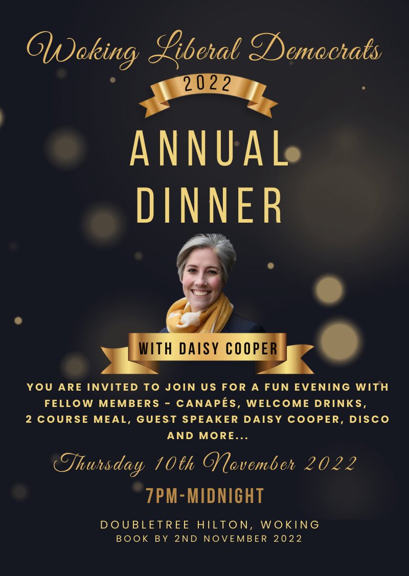 WokingLibDems's tweet photo. Join us and special guest Daisy Cooper MP 🤩 at our Annual Dinner on 10th Nov at the DoubleTree by Hilton in Woking from 7pm.  
Book online here! 👉 https://t.co/wWSHS58Xy3 https://t.co/Ns19vXKjSO