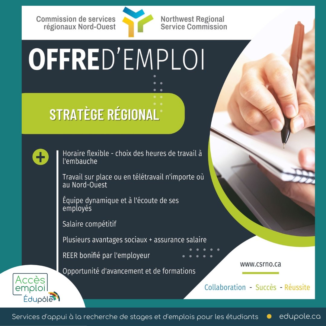 [Offre d'emploi]
Stratège Régional
Commission de services régionaux Nord-Ouest
Pour info ou pour postuler: bit.ly/3SfFn0S