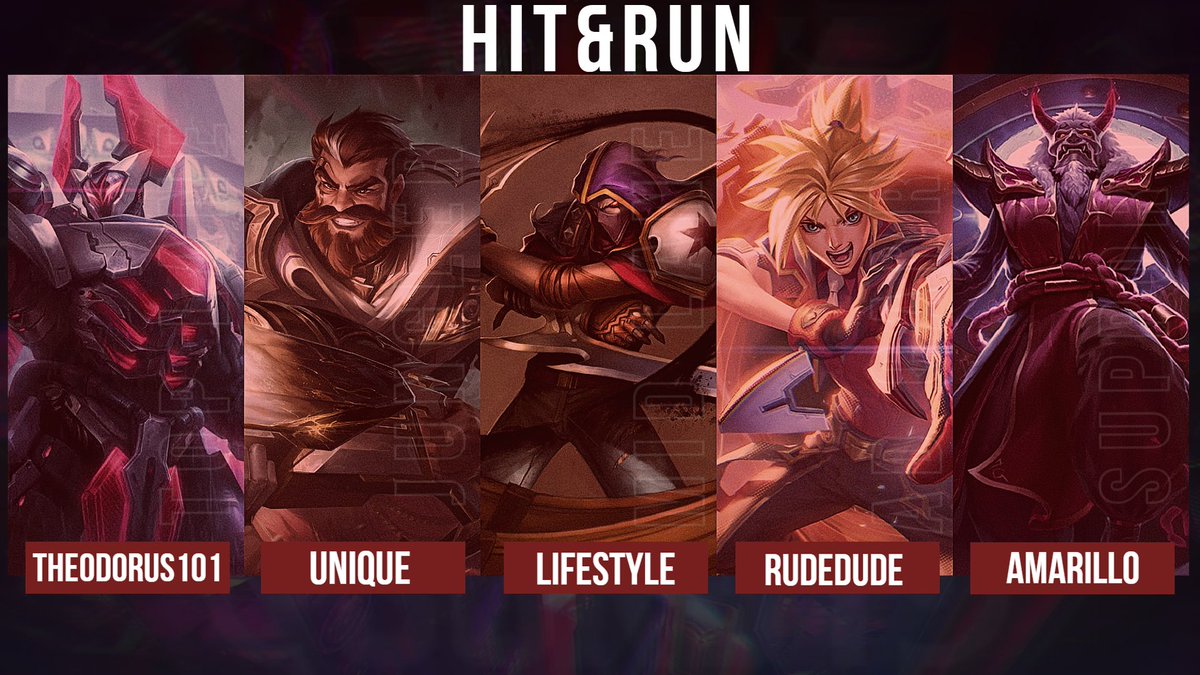 Announcing the Hit&amp;Run roster for the "NLC Winter 2022" split!
Theodor "Theodorus101" Sandaa
Markus ''Unique'' Bruun
Gabriel ''Lifestyle'' Osman
Henrik ''Rudedude'' Vågenes
Martin ''Amarillo'' Gule
First match on wednesday against "EPIC AVALANCHE"!