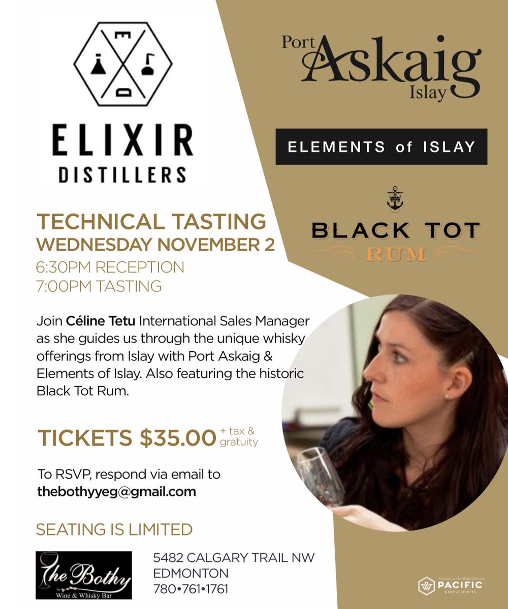 caskandbarrel73's tweet photo. Join us for The Elixer Distiller Tasting with International Sales Manager Celine Tetu at The Bothy Wine and Whisky Bar on November 2nd. @PWS_Canada @BothyWineWhisky @ElementsOfIslay @PortAskaigMalt @BlackTotRum https://t.co/whBNJGy5RK