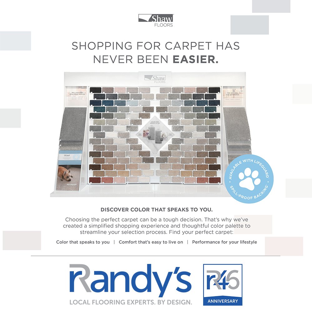 Randys_Flooring's tweet photo. Be sure to stop in to help celebrate our 46th Anniversary Sale! Until the end of the month, all Mohawk SmartStrand and Shaw Colorwall carpets are on sale! PLUS No interest if paid in full within 12 months with regular monthly payments, with approved credit. Hurry in today! https://t.co/kU3jTVkNC2