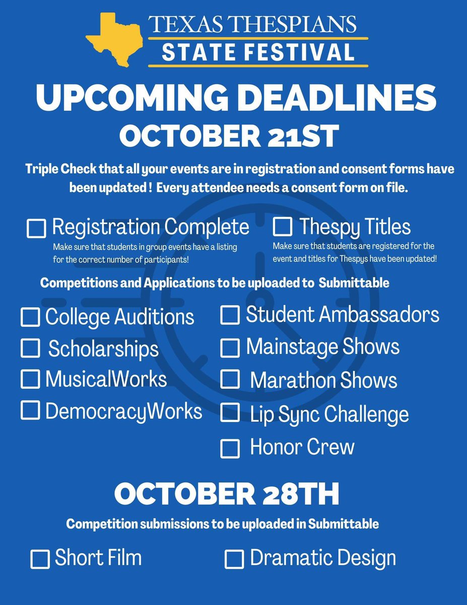 Happy Tuesday! Texas Thespians State Festival deadline is October 21st at 11:59 PM. Please review the Upcoming Deadlines Checklist to ensure you have all your ducks in a row! Contact us if you have any questions or need assistance.