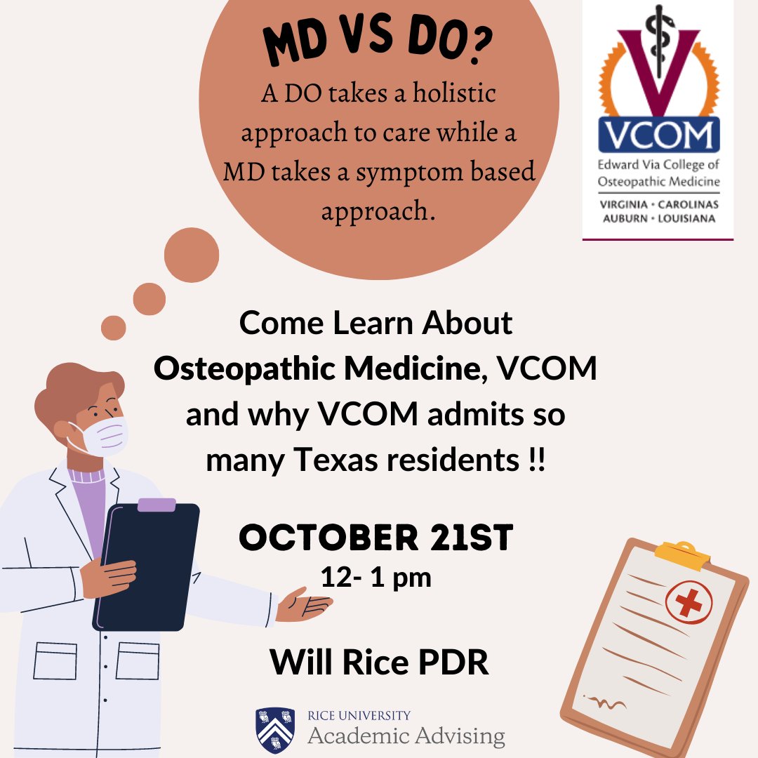 Are you curious to know how a DO differs from a MD? Join Bill King as he presents information about Osteopathic Medicine (DO) and the Edward Via College of Osteopathic Medicine program. 

Snacks will be provided !!.

Register Here: forms.gle/EUXLFVzuEj7i1g…