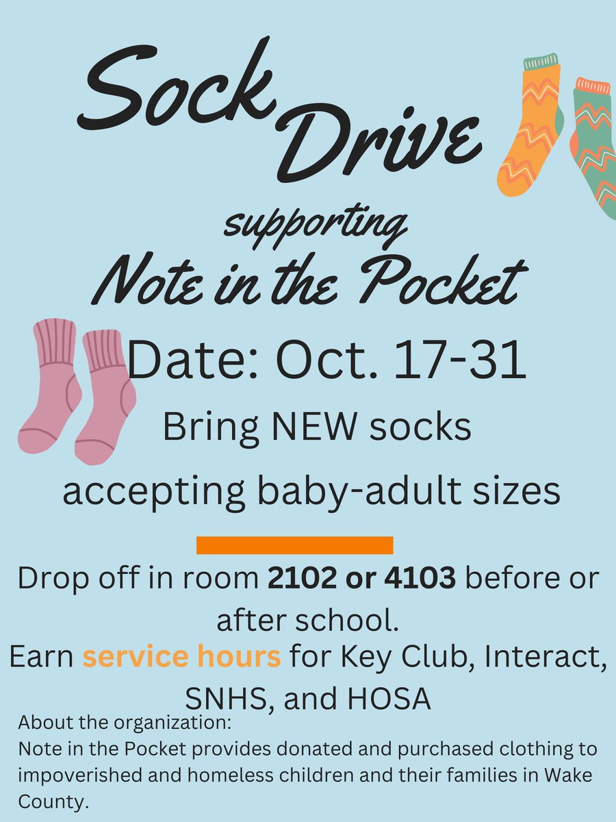 AFHS_Key_Club's tweet image. It's Socktober! We're supporting Note in the Pocket with a sock drive this month! More info. on Google Classroom @NoteinthePocket