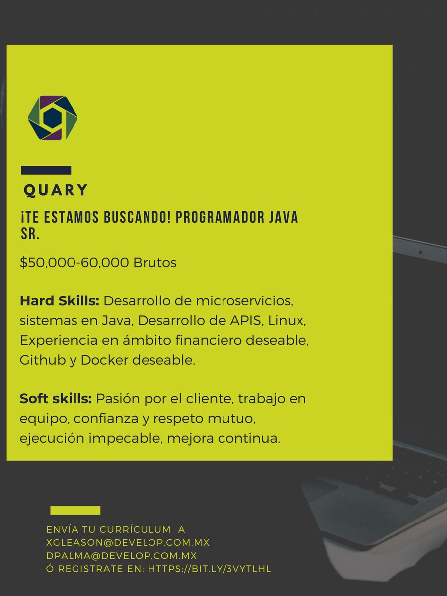 mx_develop's tweet image. Estamos contratando!!! Regístrate aquí: bit.ly/3VyTlhl #desarrolladorJava #OportunidadLaboral #VacantesTI