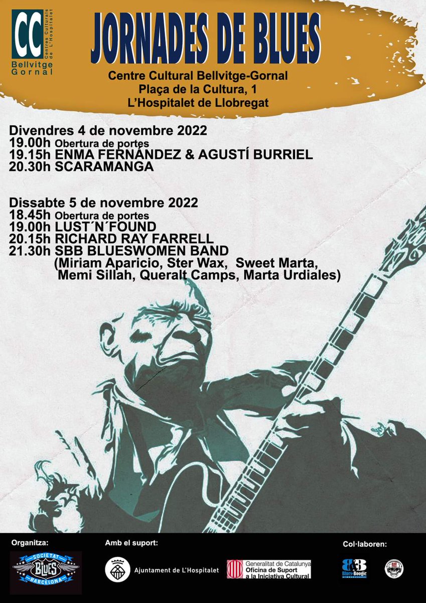 Guardem dates, a veure si ho petem! Tots els concerts són gratuïts i, a més, sortejarem (gratis) 8 llibres The History of Blues by Vizcarra! Jornades de Blues a Bellvitge 2022! 
Guardem les dates!
societatbluesbarcelona.org/jornades-de-bl…