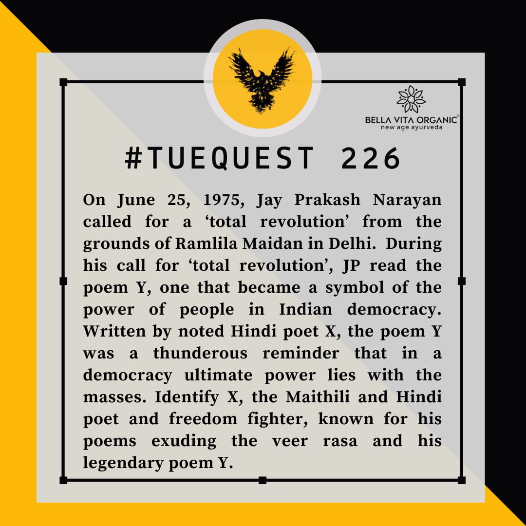 SRCCQuiz's tweet photo. TueQuest is here again to get your mind working.
Send in your answer for #TueQuest 226 in the DMs!
#quiz #quizinstagram #quizzes #quizzer #knowledge #srcc #delhi #du #delhiuniversity #questions #challenge #hindi #democracy #poetry #india https://t.co/N3UqvfelD6