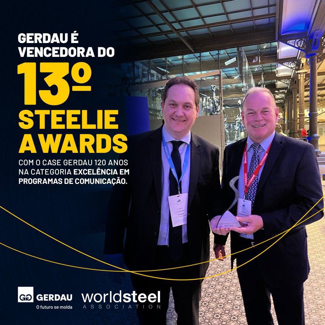 gerdau's tweet photo. Temos muito orgulho em compartilhar que a Gerdau é vencedora do 13º #SteelieAwards, principal premiação global da indústria do aço promovida pela @Worldsteel, com o Case “Gerdau 120 anos” na categoria Excelência em Programas de Comunicação! 🤩 #OFuturoSeMolda https://t.co/WHNfmvN0Wl