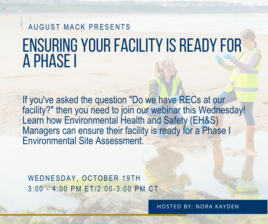 Join us on October 19th as we go over how to ensure your facility is ready for a Phase I webinar!

Register Here ➡️ ow.ly/r2lL50Le837

#PhaseI #Webinar #Healthandsafety #Environmental