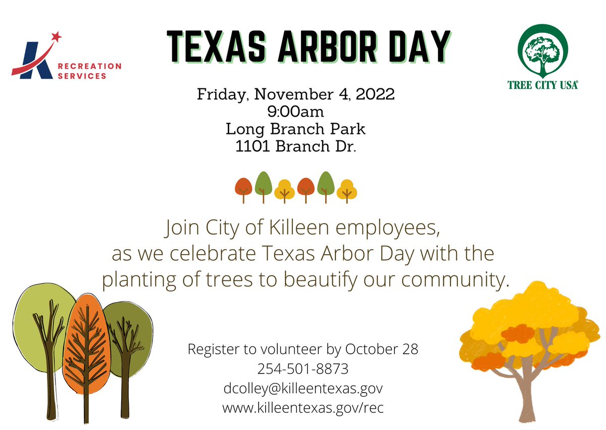 We hope you can join us on Friday, November 4th at 9:00am at Long Branch Park to plant some trees on Texas Arbor Day. Sign up to volunteer below: governmentjobs.com/careers/killee… #ParksAndRec #LoveYourPark #BeBetterDoBetter #PlantSomeTrees