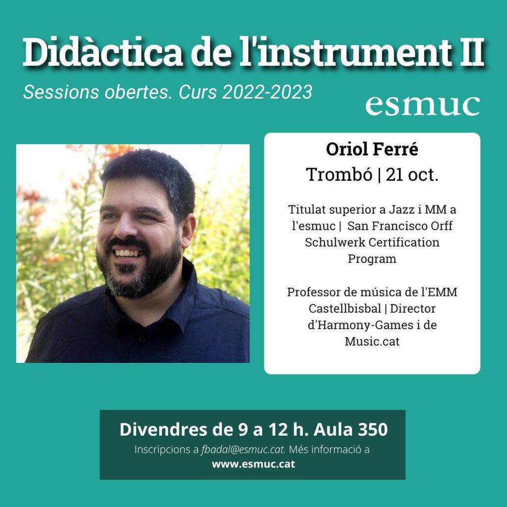 🎓El departament d'Educació i Mediació Artística convida professional especialitzat per aprofundir en diferents àmbits.

🔜 21/10 Oriol Ferré vindrà a compartir recursos pel vent metall en el marc de l’assignatura Didàctica de l’Instrument. 

<a href="/esmuccat/">ESMUC</a> #pedagogia 

<a href="/Oriol_Ferre/">Oriol Ferré Puntos</a>