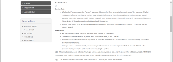 brettherron's tweet photo. Premier earns R2.3 million per year.  @Our_DA Premier Winde lives in a R177 million mansion with his family.  He pays no rent, no water, electricity, sewerage or waste removal.  
The DA is right to challenge the @PresidencyZA on the National Ministers' perks but the hypocrisy? https://t.co/GWefZv69qg