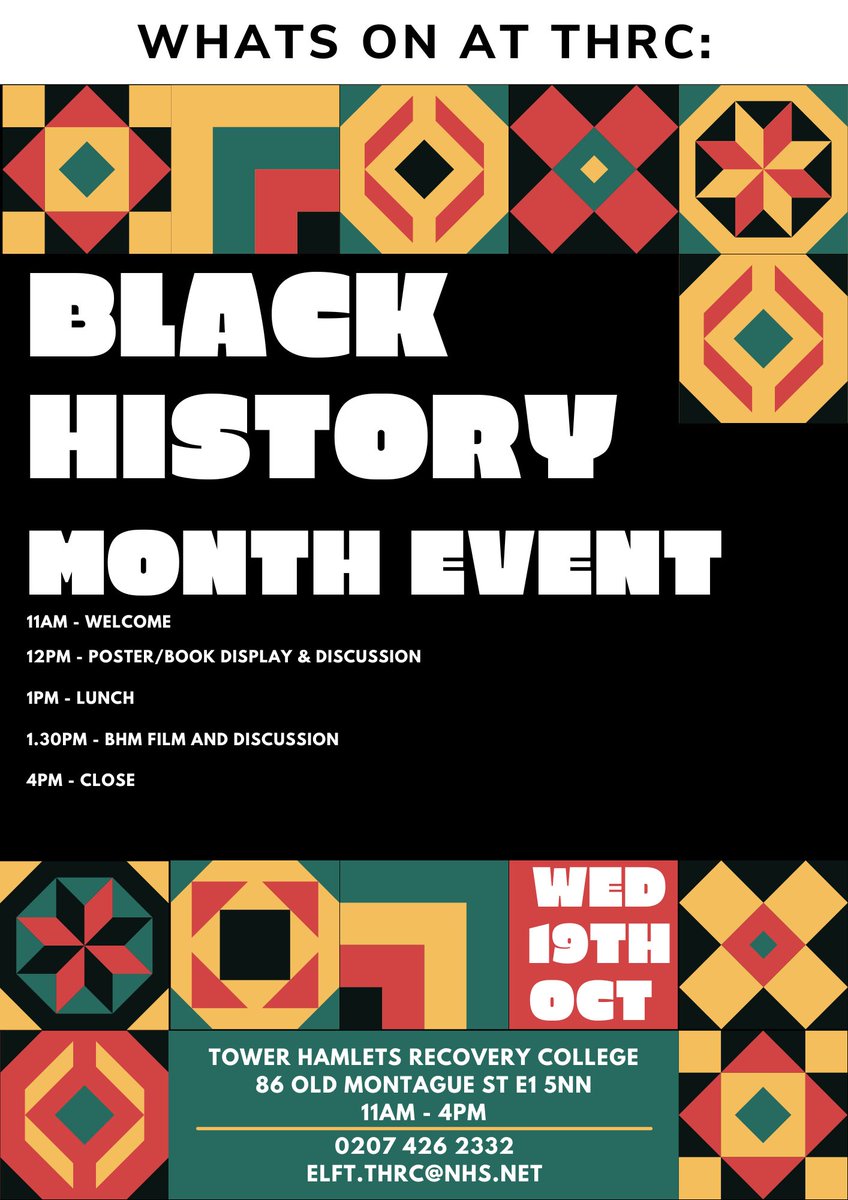Come along to our comply free community Black History event. We will be having discussions about Black History, watching the film Hidden Figures and will provide lunch of course! Come along and see what it’s all about at Tower Hamlets Recovery College!
