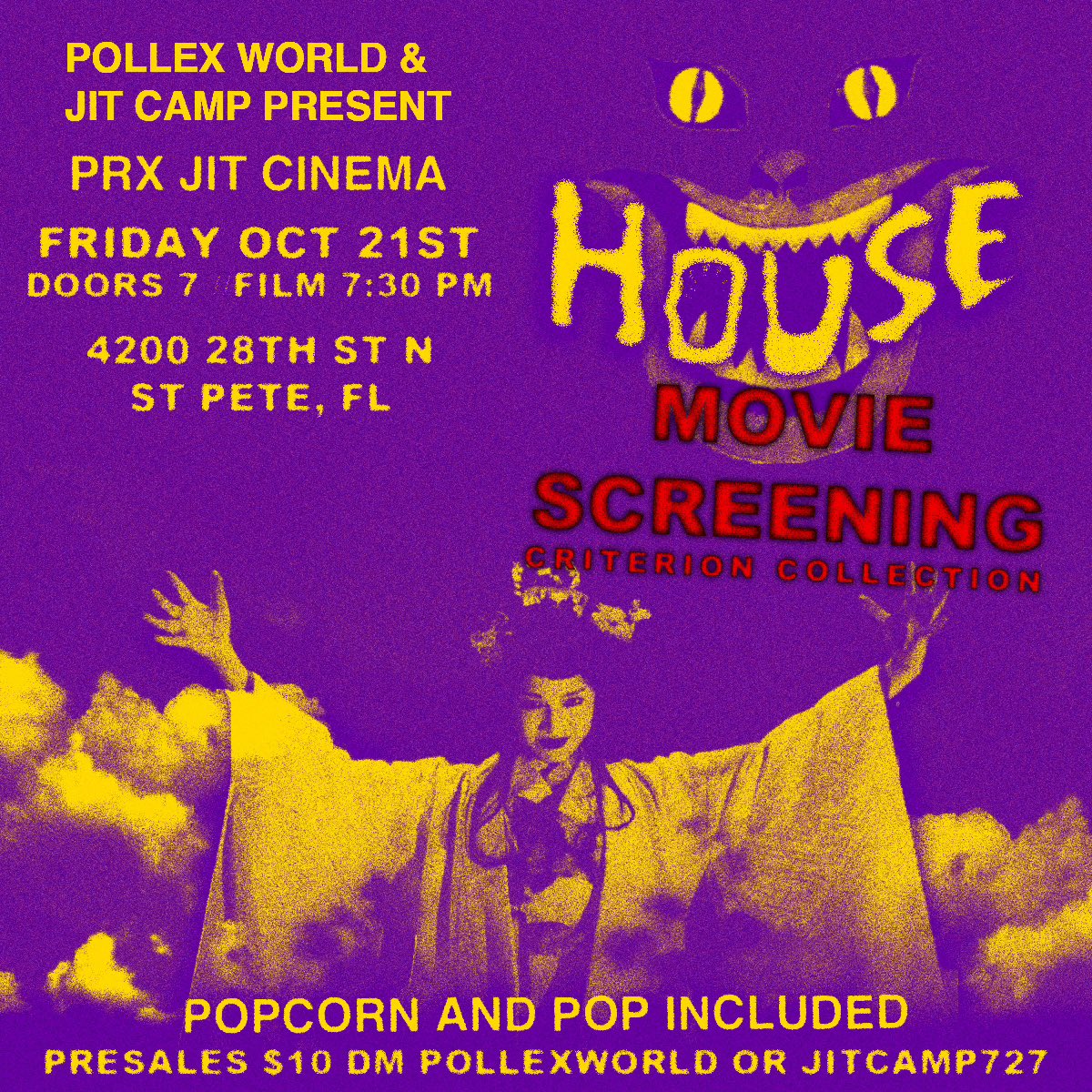 jitcamp727's tweet photo. We running it back for our 4th curated screening at Prx Jit Cinema. Presented by myself &amp; Pollex World we will be screening Nobuhiko Obayashi’s 1977 Japanese Horror Masterpiece “Hausu”. A $10 pre sale ticket gets you in plus popcorn and a pop included. 🏕️💯🎥👁️🐱 https://t.co/4JlmhEhGIN