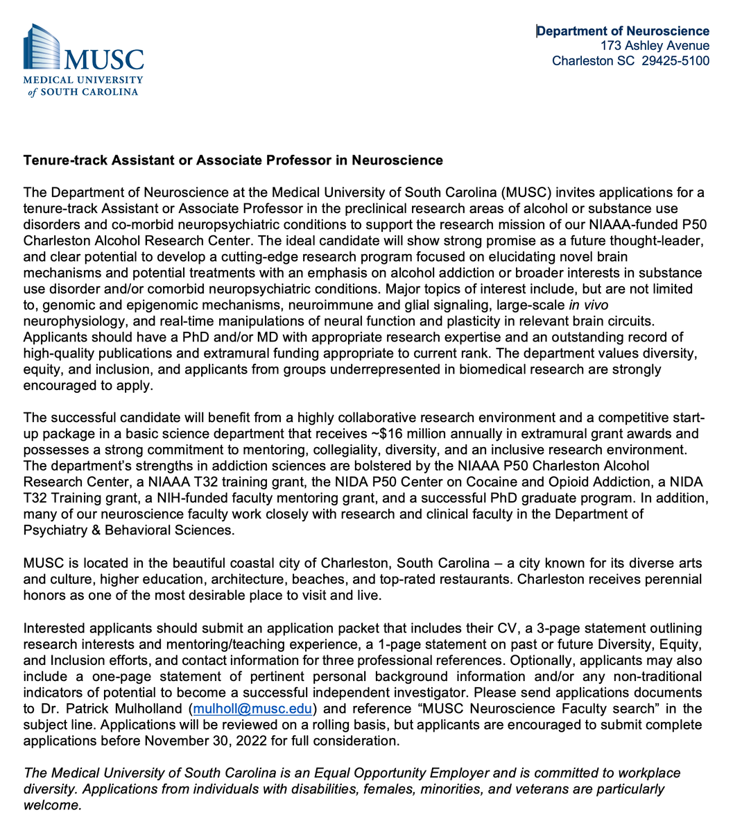 neuro_MUSC's tweet photo. Pleased to announce a new opening for a tenure-track faculty position in our Department! Preference for applicants studying AUD and/or SUD. Deadline for application materials is 11/30/22. Plz spread the word! https://t.co/TFUlHqcBqZ