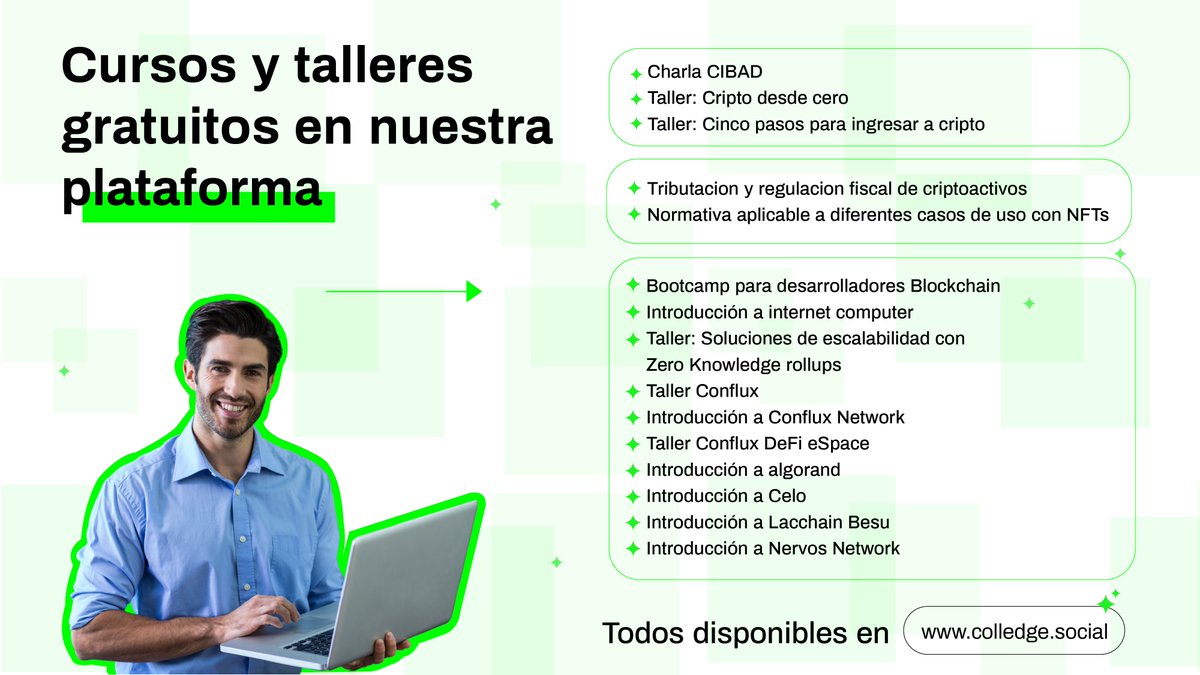 SomosColledge's tweet photo. Talleres y cursos gratuitos introductorios a Blockchain y criptomonedas, legaltech y programación, todos en una misma plataforma💚

Te dejamos todos los links en el hilo de este tweet👇🏼 https://t.co/ySIT9jdOTq