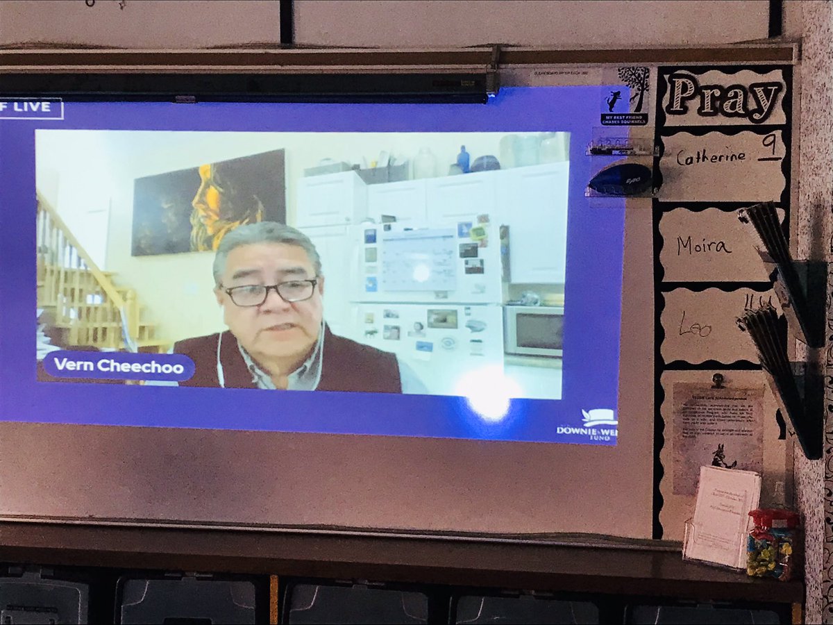 kurtz_ms's tweet photo. Just back from the Terry Fox Walk, grade 11 Indigenous Studies students watch the @downiewenjack live stream with #VernCheechoo while putting the final touches on their ReconciliACTION presentations for tomorrow’s event in the library. @StRobertCHS @YCDSB @IE_ycdsb https://t.co/qByvps7piz