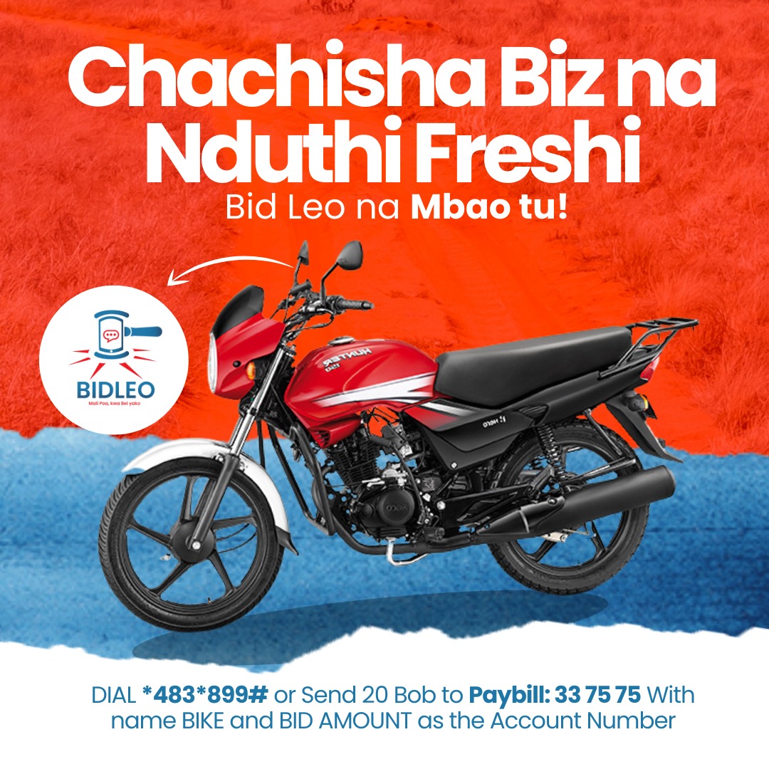 CHACHISHA MTAA NA NDUTHI BRANDY

Ni masaa ya kubid na #Bidleo
Ni Simple

DIAL *483*899#
Or send Ksh 20 paybill 337575 with Bike/Voucher and your bid amount as the account number

E.g
paybill :337575
Account: BIKE300 {Item+Bid Amount}
Amount:20
Account: Bike