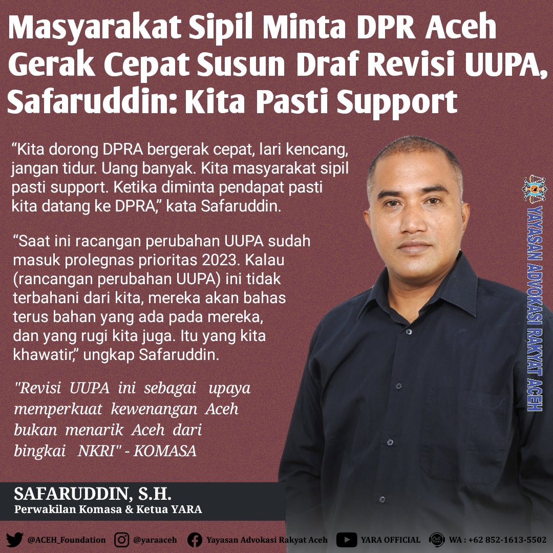 ACEH_Foundation's tweet photo. 📰 #PublicUpdate | “Kita ingin dorong supaya revisi UUPA ini melahirkan satu draf. Dan draf itu keluar dari pintu DPRA. Kita sangat sepakat itu,” ungkap Safaruddin.
#YARA #Komasa #DPRAceh #Aceh #UUPA #RevisiUUPA @Mirjaco https://t.co/ry3QNZGiZx
