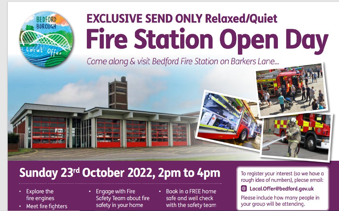 worked closely with BeBedfordshire Fire deliver an Exclusive SEND only fire station open day on Sunday 23rd of October from 2pm to 4pm where children and young adult can come and check out the fire station where it is relaxed and quiet.