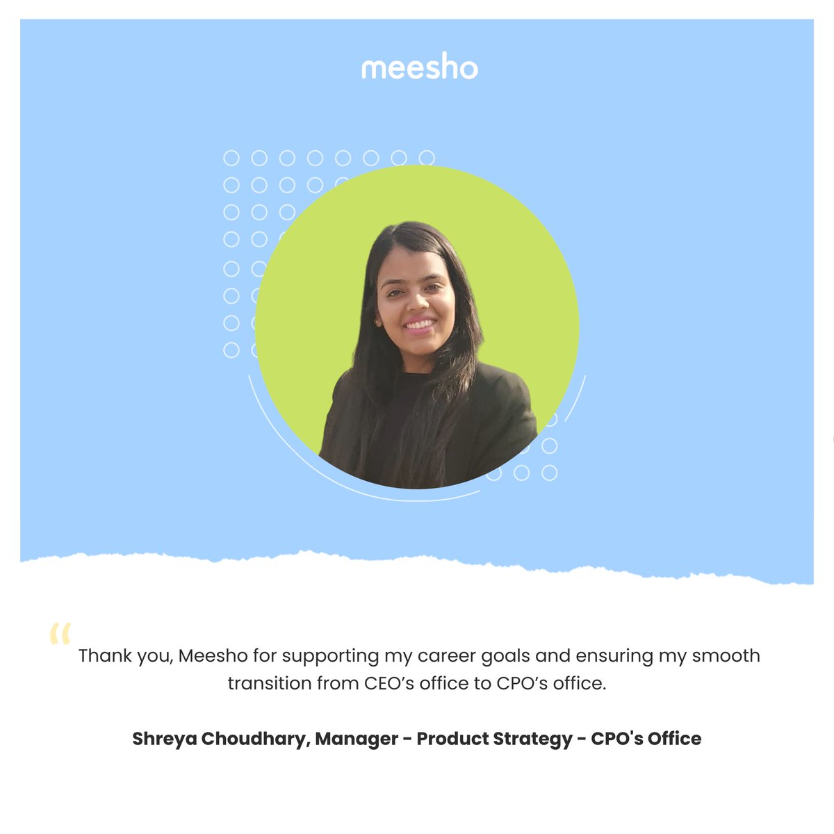meeshotech's tweet photo. Our “Internal Mobility Program” gives visionary Meeshoites a chance to become more than what they are🤩 Here’s a story of how @generalist_af, former management consultant, is now a product strategist: https://t.co/doIXd8Y328 #Growth #Culture #LifeAtMeesho #MeeshoTech https://t.co/NiMZIsGKrn