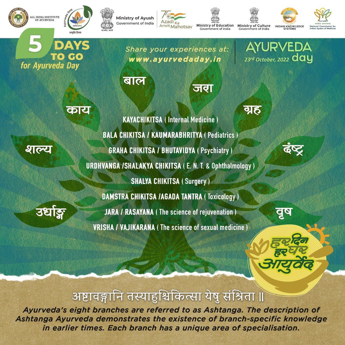 moayush's tweet photo. Just 5️⃣ more days to go for #AyurvedaDay2022! 

The 8 branches of Ayurveda address several issues related to the human body &amp; mind. Start including Ayurvedic practices in daily routine for a healthier, disease free life.

Come join us as we celebrate the big event on 23rd Oct! https://t.co/W4msBohqjW