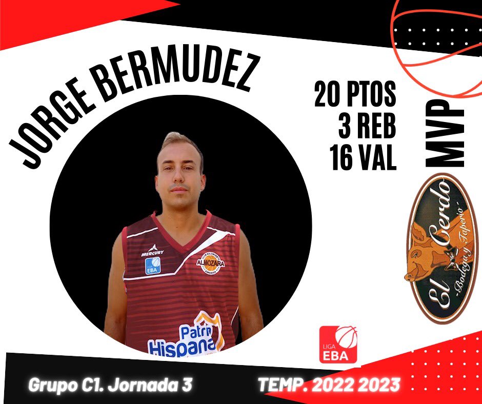 CBAlmozara's tweet photo. MVP Liga EBA CB Almozara @PatriaHispanaSe Jornada 3🏀🏀🏀 JORGE BERMÚDEZ @Bermudezbasket 🏀🏀🏀 Patrocinado por RESTAURANTE “EL CERDO”🏀🏀🏀 https://t.co/YiHYiI2kSx