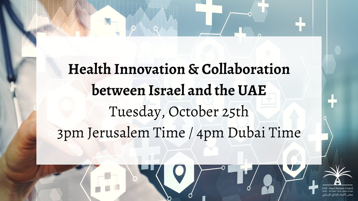 UAEIsraelBiz's tweet photo. Join us on October 25th in exploring the newest innovations the healthcare sector has to offer! We are excited to announce an event where AI, and data collection will be showcased by industry-leading professionals!

Register here: https://t.co/eusN9M8rS1 https://t.co/JEFMTUJunJ