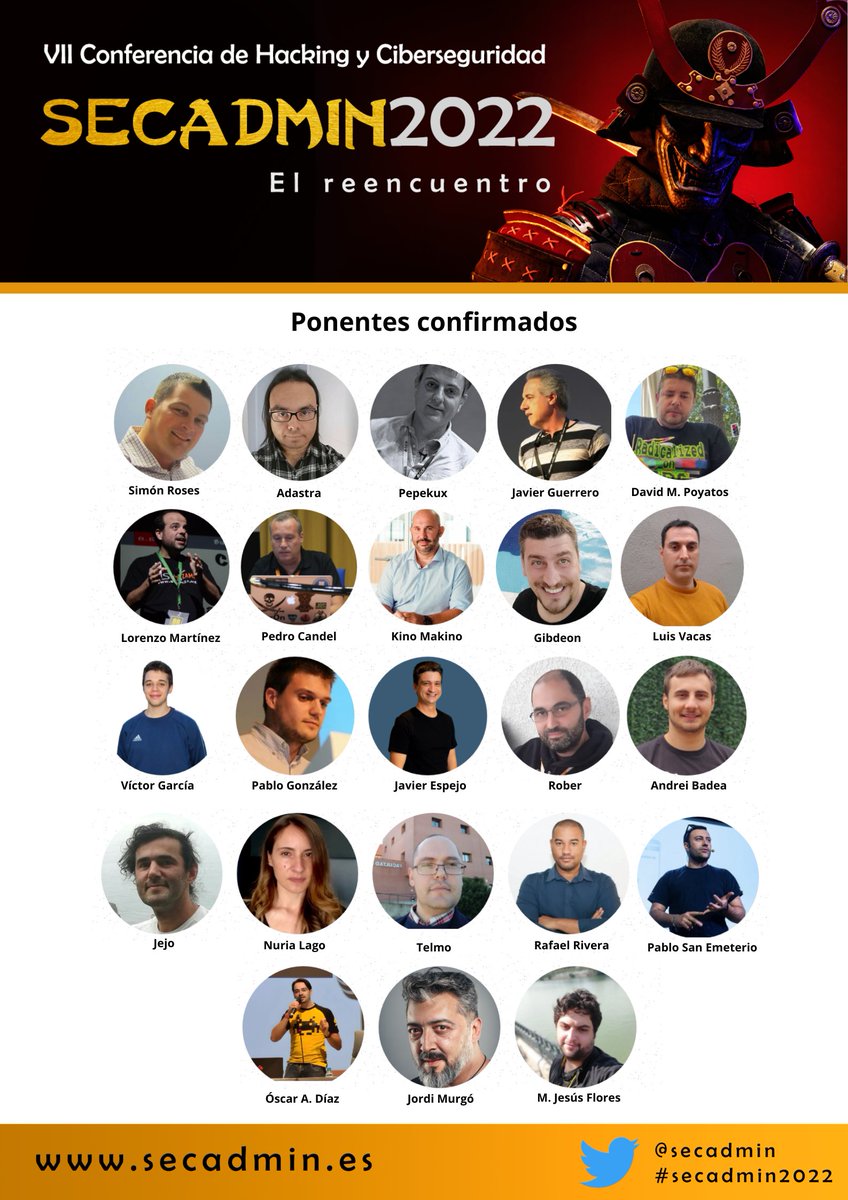 secadm1n's tweet photo. ⚔️ #Secadmin2022 viene cargado de grandes expertos de #ciberseguridad y #hacking 🙌🏻
Consulta la agenda en➡️https://t.co/WlMe9BOeJ8 https://t.co/z5xJtBidXD