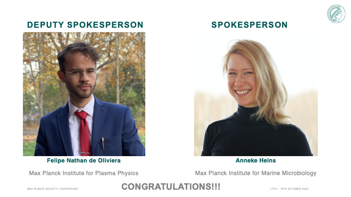 Congratulations🎉to Anneke Heins at @MarineMicrobio and to @TryNathan at the MPI for Plasma Physics, our new Spokesperson and Deputy Spokesperson! Looking forward to a great year of working with you!