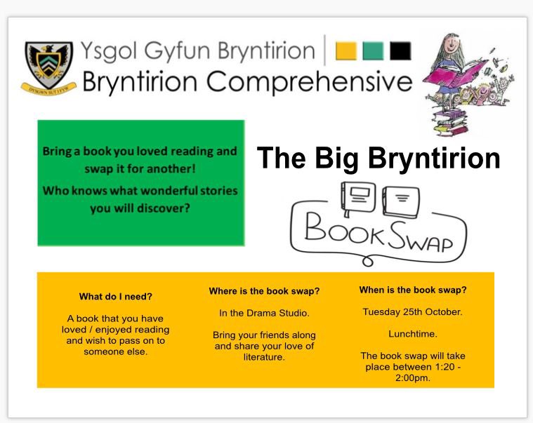 Bryntirion English (@bryntirioneng) on Twitter photo The Big Bryntirion Book Swap! Bring any books you have loved reading and would like to swap for a new exciting read. Thanks to Mrs Lowry for arranging π π. Bring your books to the Drama Studio, lunchtime Tues 25th Oct <a href="/BryntirionComp/">BryntirionComp</a>. The Big Bryntirion Book Swap! Bring any books you have loved reading and would like to swap for a new exciting read. Thanks to Mrs Lowry for arranging π π. Bring your books to the Drama Studio, lunchtime Tues 25th Oct <a href="/BryntirionComp/">BryntirionComp</a>.
