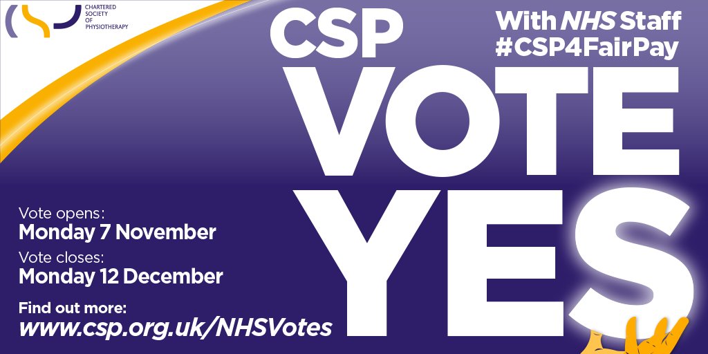 thecsp's tweet photo. 🚨England &amp; Wales pay ballots extended - will now run from 7 November- 12 December 🚨

We are recommending members vote YES for industrial action, and we are lengthening the vote to allow as many members as possible to have your say.

FAQs: https://t.co/I7FU0uOhKl  

#CSP4FairPay https://t.co/k3oRNRvoAK