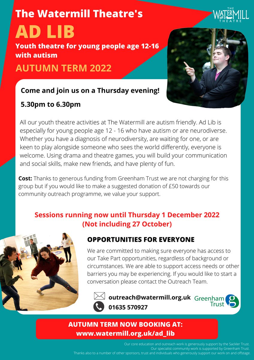 The @WatermillTh in Bagnor, near #Newbury, runs two after-school #drama groups for #autistic children and young people - Yes And, for 8 to 11-year-olds, and Ad Lib, for 12 to 16-year-olds. Places are free of charge. See the flyers for details #autism #WestBerkshire