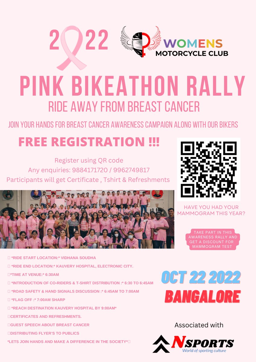 nive_jessie's tweet photo. Our Women’s Motorcycle Club of India - Bangalore Zone team organising PINK BIKEATHON RALLY ON OCT 22nd 2022. Do join with us &amp; ride away from breast cancer. Free registration https://t.co/qYYy5qlwO8 https://t.co/ZQJi8K0YSo
