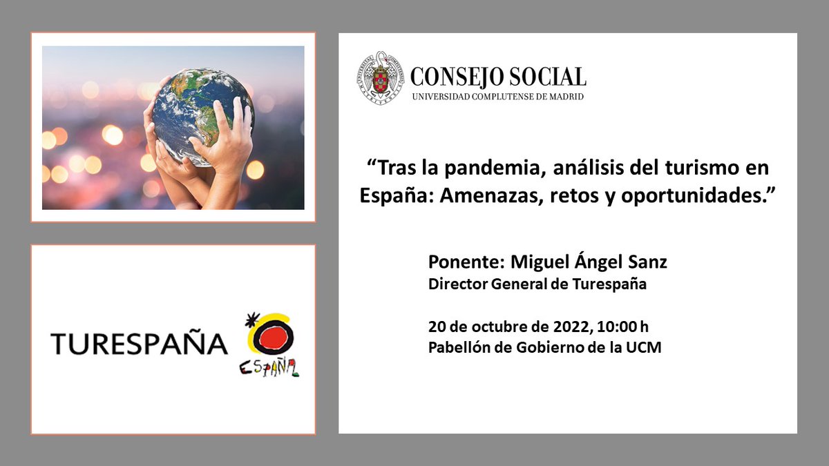CSocialUCM's tweet photo. El jueves 20 de octubre tendrá lugar el Café - Coloquio con el Director General de Turespaña. Podrás seguirlo en directo a través de https://t.co/gbWX5yACdp #turespaña #Turismo https://t.co/PiMmO33Aah