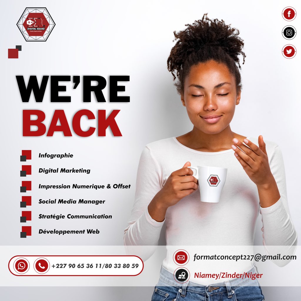 DigitalSquad_'s tweet photo. WE’RE
BACK
—————————
Nos services ☑️
🔺Infographie 
🔻Digital Marketing 
🔺Impression numérique et Offset
🔻Social Media Manager
🔺Stratégie Communication 
🔻Développement web

#communication #digitalmarketing #printdesign #brandidentity 

INFOLINE +227 90653611/80338059 https://t.co/lEtknpsk7n