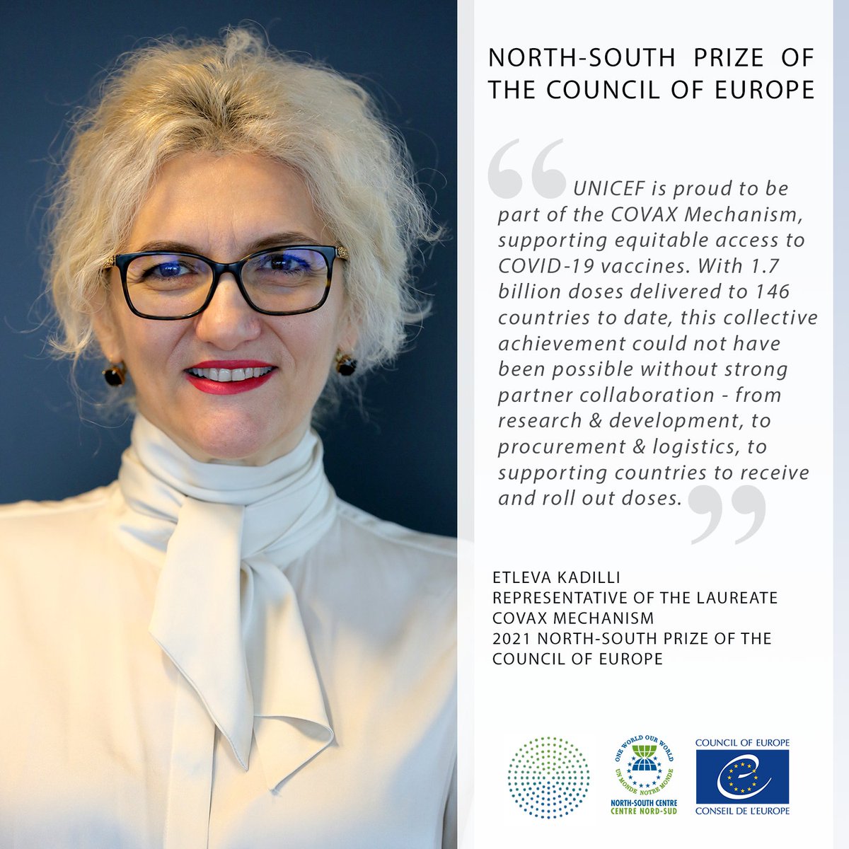 The Covax Mechanism receives today the Council of Europe North South Prize 2021 in recognition of the efforts made to ensure that #COVID19 vaccines are made available and distributed worldwide. 👏Congratulations! 🔴Info and webcast: nscentre.org @ACTAccelerator