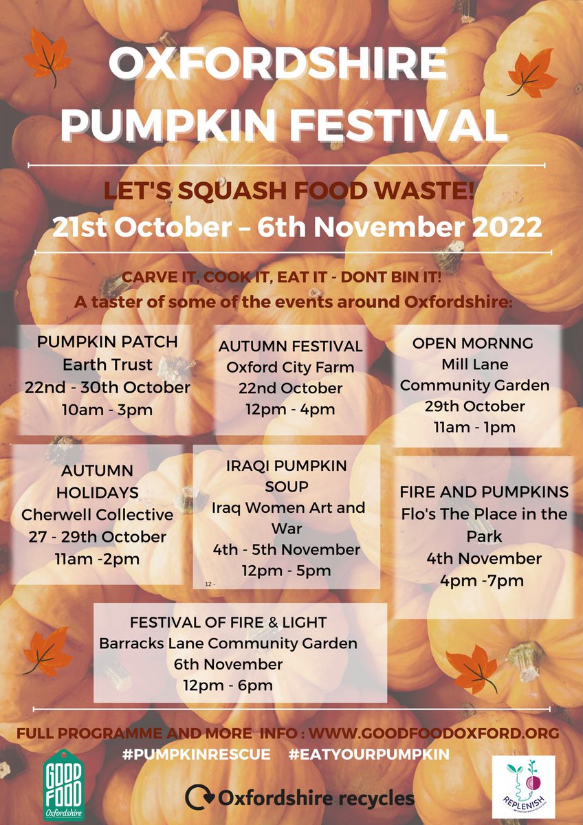 So many pumpkin-themed events happening around Oxfordshire as part of the 2022 Pumpkin Festival to encourage more people to #eatyourpumpkin and reduce food waste. Full programme on our website goodfoodoxford.org/oxfordshire-pu…